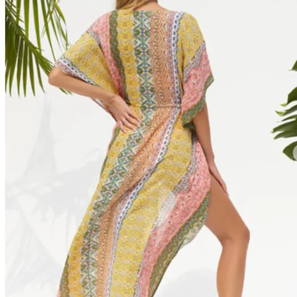 Lulus Sweetly Seaside Lime Green Multi Paisley Print Swim Cover-up - Size M - Picture 2 of 3